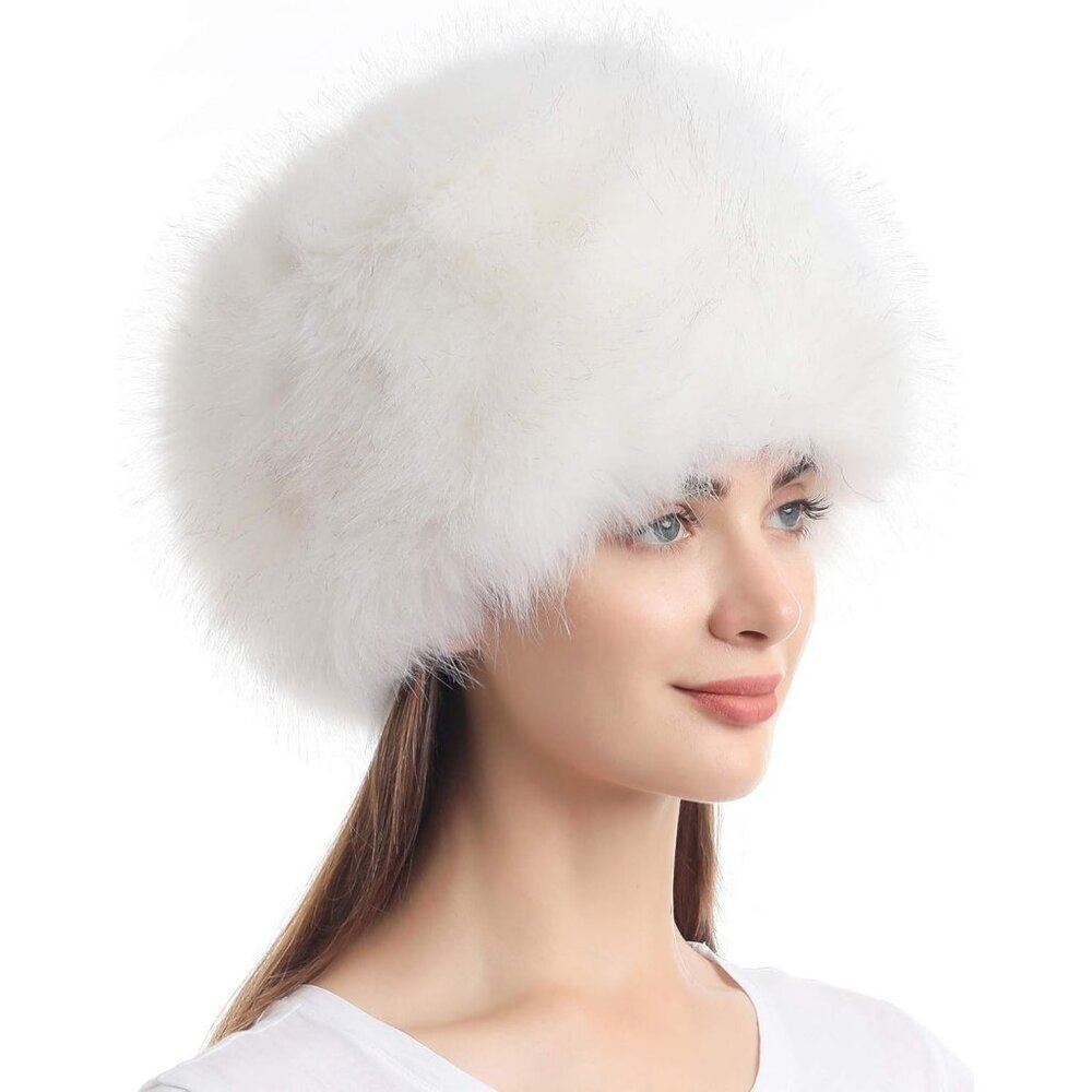 Women White With Tips Warm Winter Hat Faux Fur Russian Cossack Style